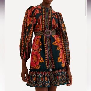 Farm Rio Teal Puff-Sleeve Mini-Dress